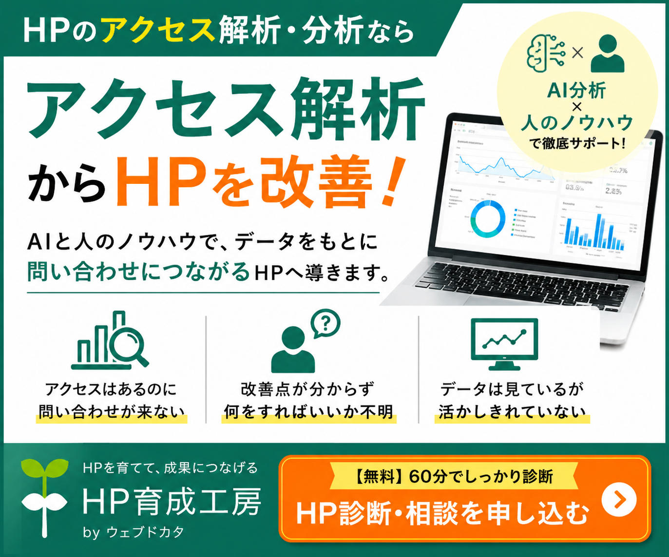 アクセス解析からHPを改善！AIと人のノウハウで、データをもとに問い合わせに繋がるHPへ導きます。60分無料診断・相談受付中！