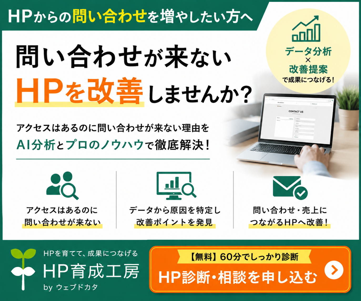 問い合わせが来ないHPを改善しませんか？アクセスはあるのに問い合わせが来ない理由をAI分析とプロのノウハウで徹底解決！60分無料診断・相談受付中！